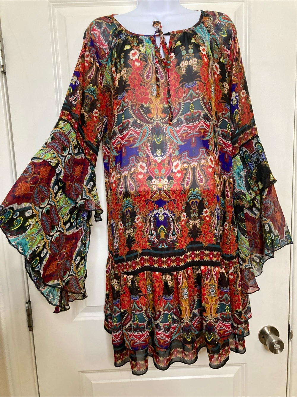 Venus Flutter Bell Long Sleeve Dress Size L Boho Fairy Paisley Sheer Ruffles